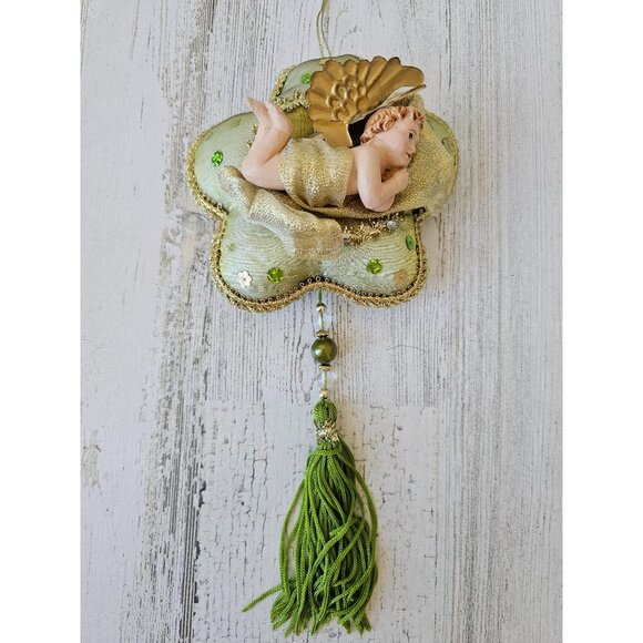 Angel Cherub green vintage sequin beaded ornament Xmas tree tassel - Picture 1 of 8